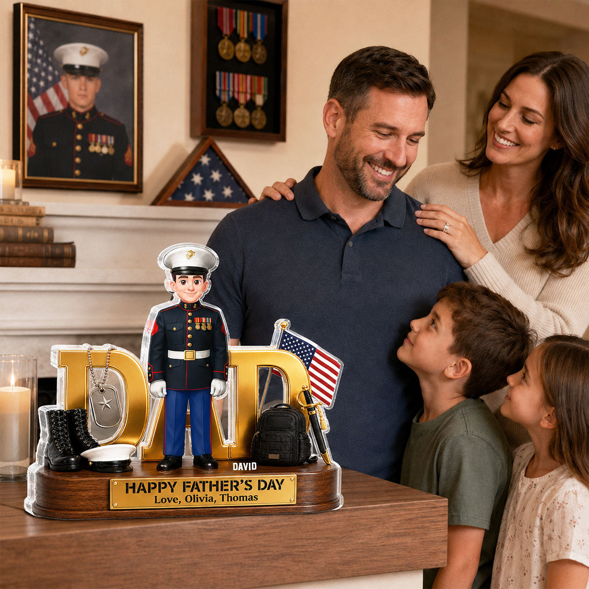Proud American Marine Dad You Are Our Hero 2D Flat - Personalized Acrylic Block Plaque -  Gift For Dad