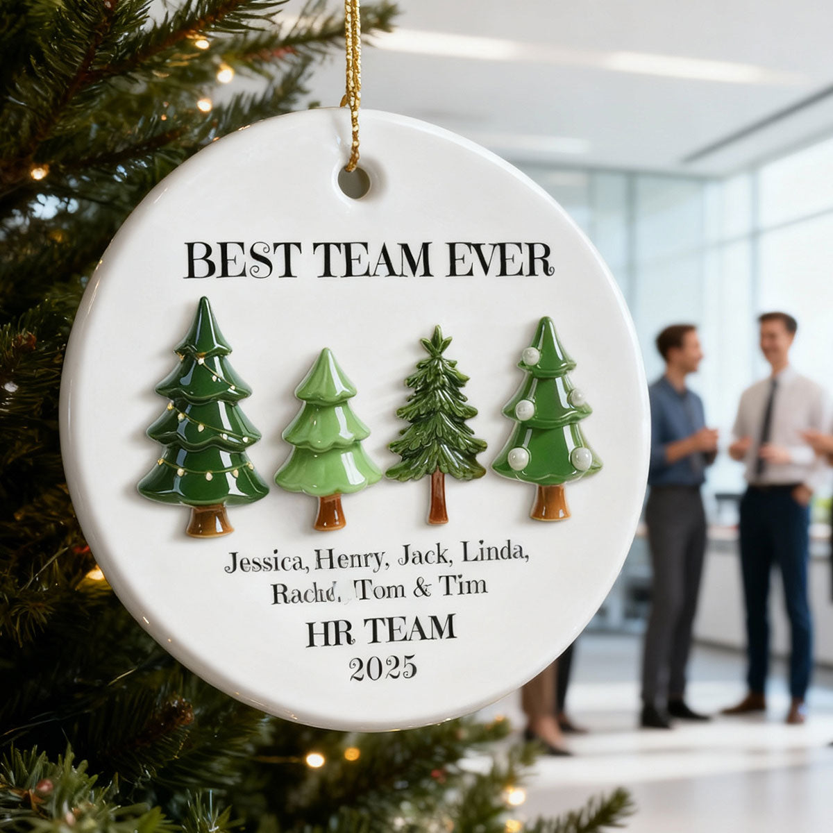 Best Team Ever Christmas Tree Line 3D Effect - Personalized Ceramic Ornament - Gift For Colleagues, Coworkers