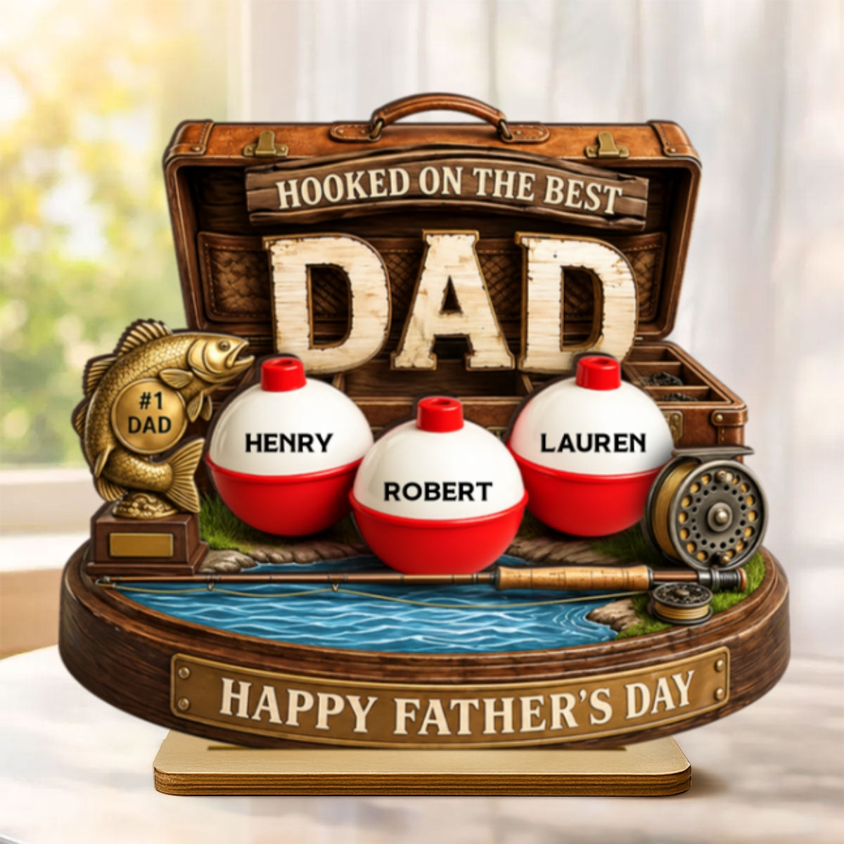 Hooked On The Best Dad Fishing - Personalized 2-Layered Wooden Plaque - Heartfelt Gift For Fishing Dad, Gift For Husband