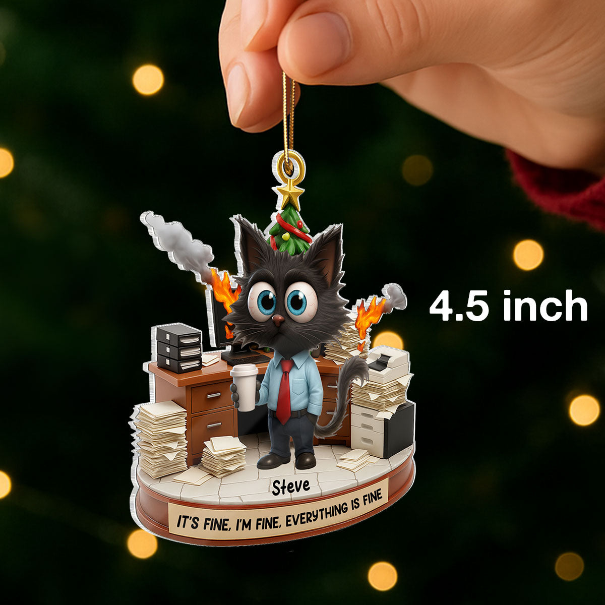 Office Chaos It's Fine We're Fine Funny Cat - Personalized Acrylic Ornament - Christmas Gift for Coworkers, White Elephant, Secret Santa Gift