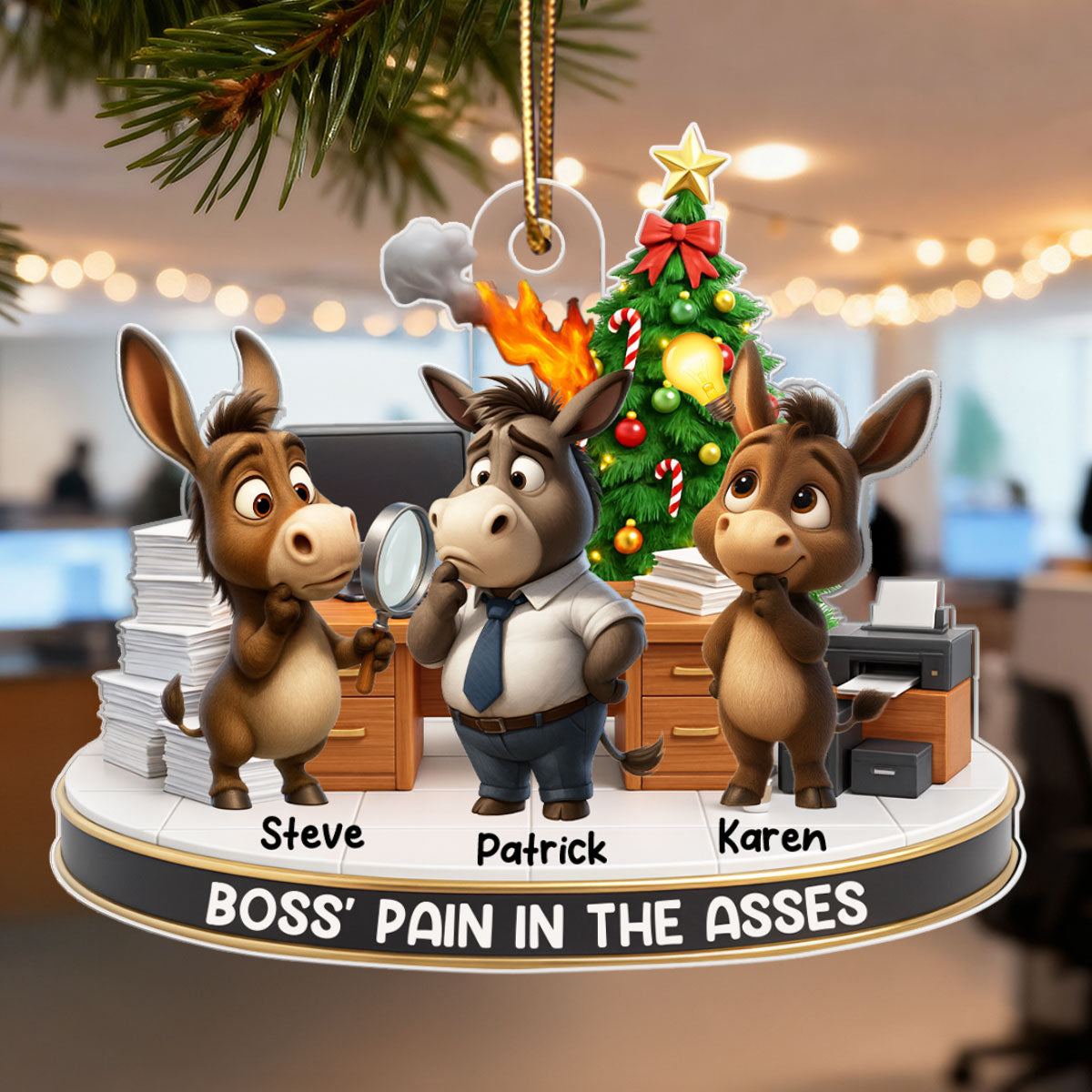Boss Pain in the Asses, Donkey Office Decoration - Personalized Acrylic Ornament - Custom Employee Gift Exchange, White Elephant Gift
