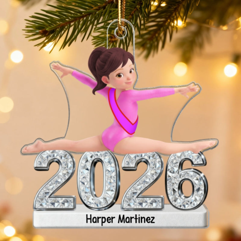 Gymnastic Girl Front Split Pose With Year 2D Flat Printed - Personalized Acrylic Ornament - Gymnast Gift For Daughter, Granddaughter
