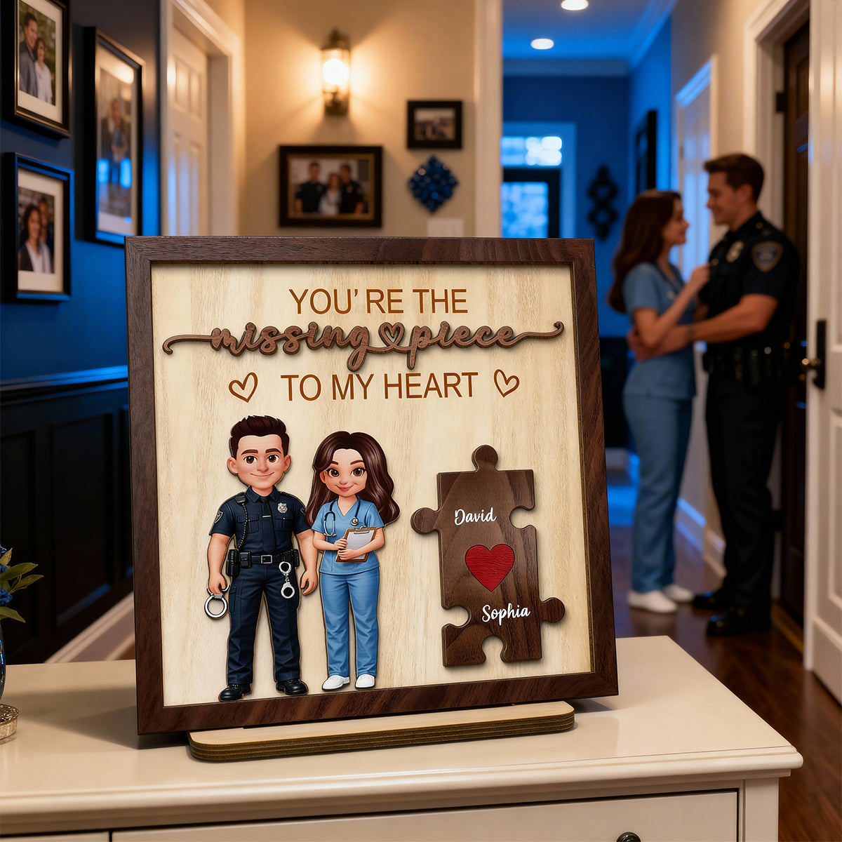 The Missing Piece to My Heart Couple Occupation Nation Flag - Personalized 2-Layered Wooden Plaque - Heartfelt Gift for Him, for Her