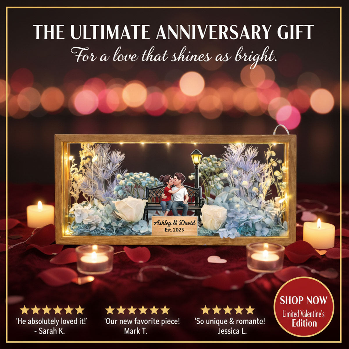 Eternal Love Couple Sitting Kissing - Personalized DIY Flower Shadow Box LED Night Light - Gift For Couple, For Him, For Her