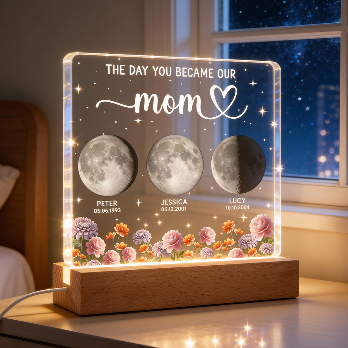 The Day You Became Our Mom, Custom Moon Phase by Date - Personalized Acrylic Block LED Night Light, Custom Birth Flowers, Mother's Day Gift for Mom