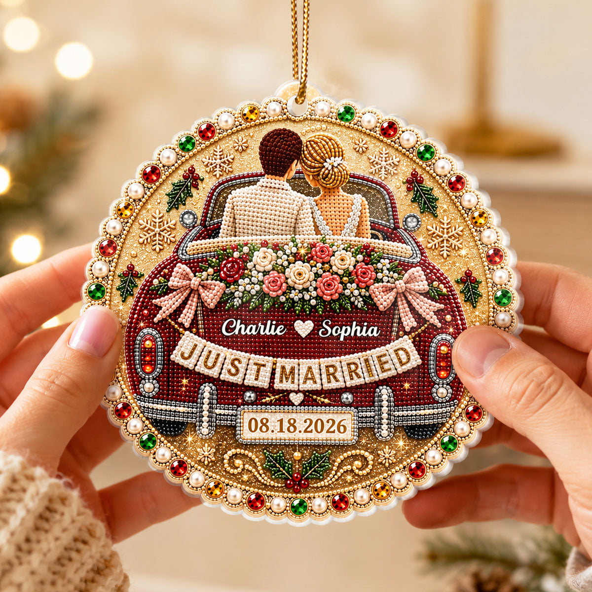 Just Married Wedding Car - Personalized Acrylic Ornament - Christmas Gift For Couple