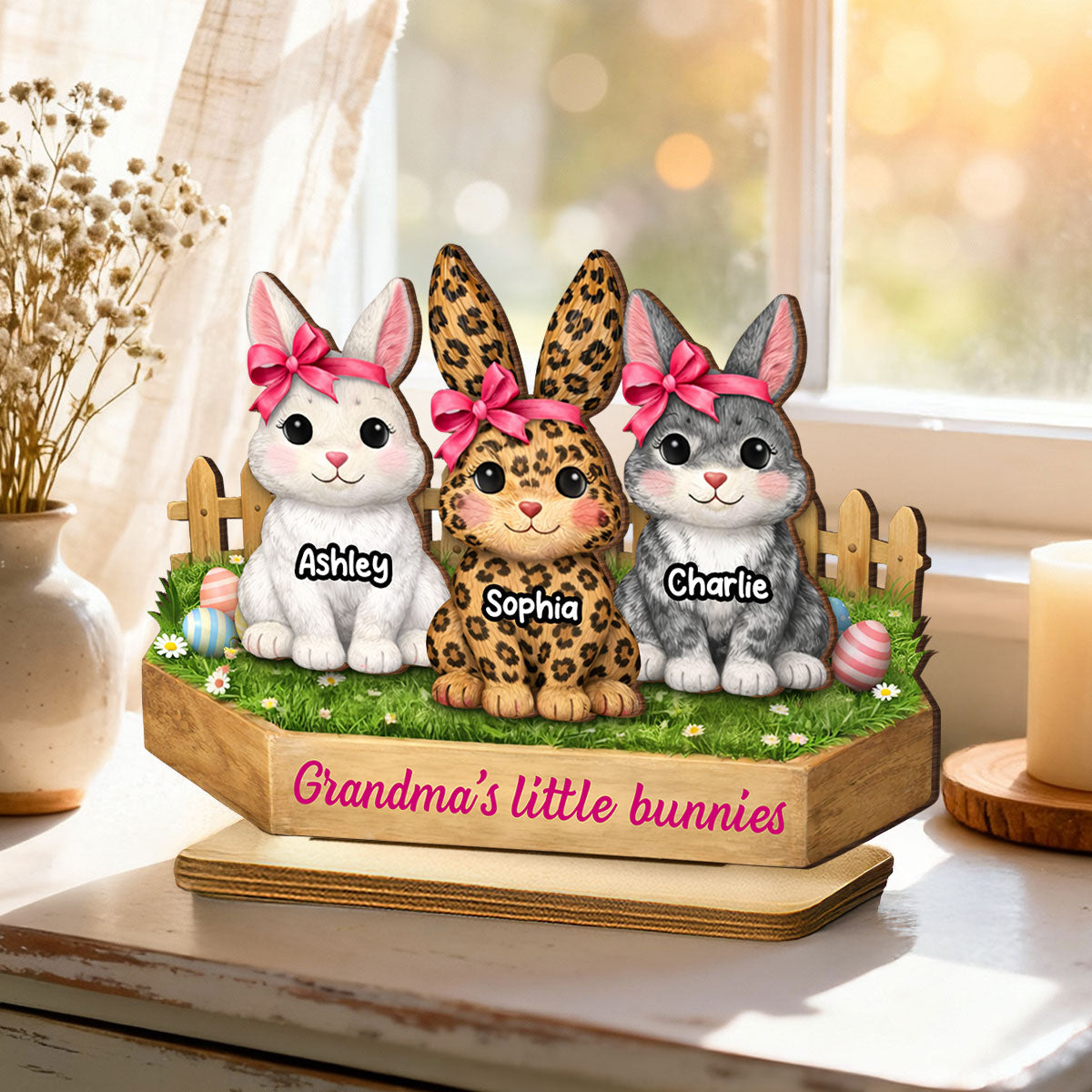 Grandma's Little Bunnies Coquette - Personalized 2-Layered Wooden Plaque - Easter Gift for Grandma, Farmhouse Tiered Tray Decor