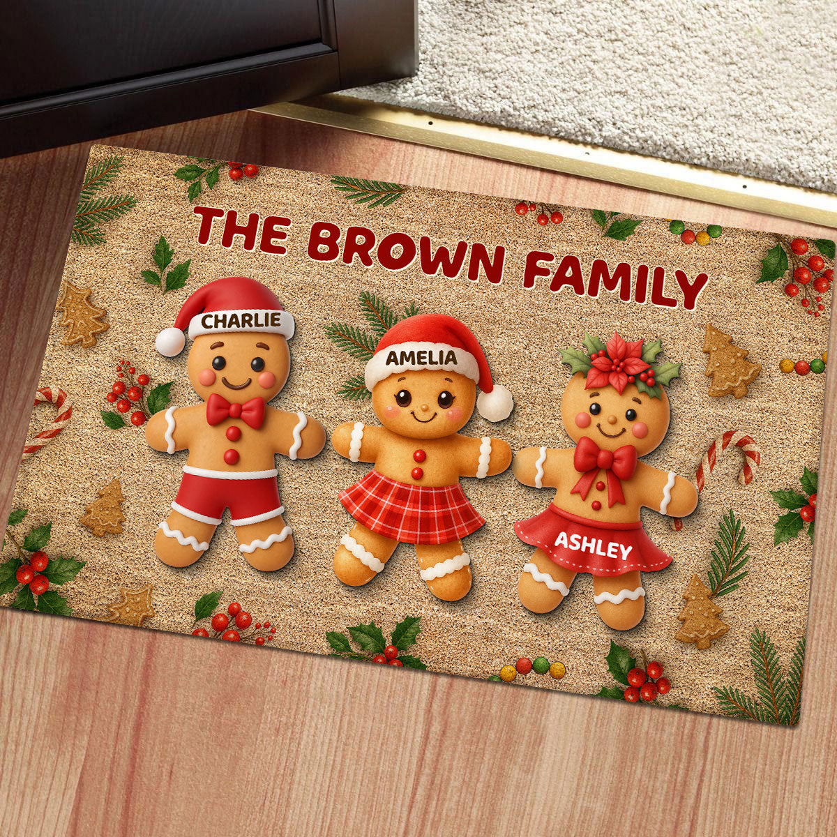 Gingerbread Family - Personalized Doormat - Christmas Gift for Family