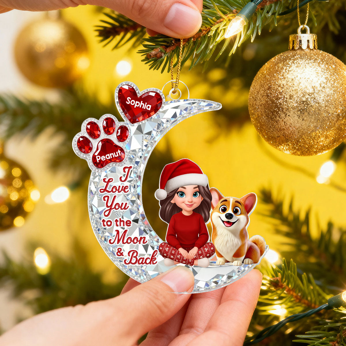 3D Effect Flat Woman And Dog Cat On Moon - Personalized Acrylic Ornament - Christmas Gift For Dog, Cat Lovers