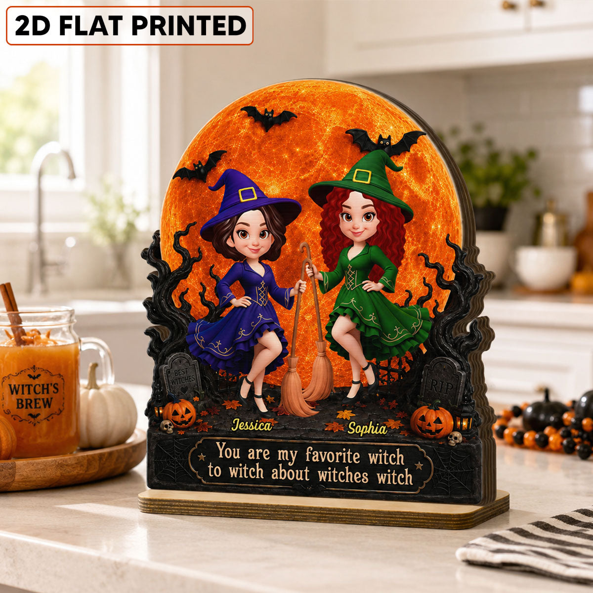 Halloween Witches Besties Moon Light - Personalized 2-Layered Wooden Plaque - Halloween Gift For Best Friends