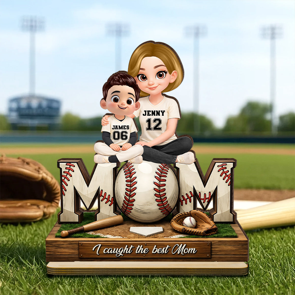 Baseball Mom and Kids We Caught the Best Mom - Personalized 2-Layered Wooden Plaque - Heartfelt Gift for Mom