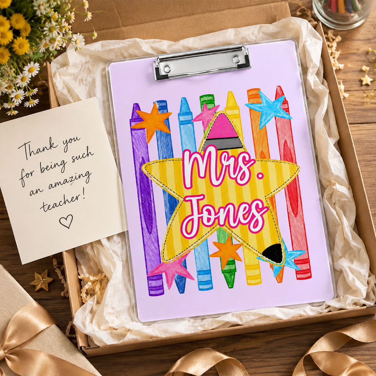 Colorful Crayon Striped Teacher Custom Name - Personalized Clipboard - Teacher Appreciation, Back To School Gift For Teachers, Colleagues