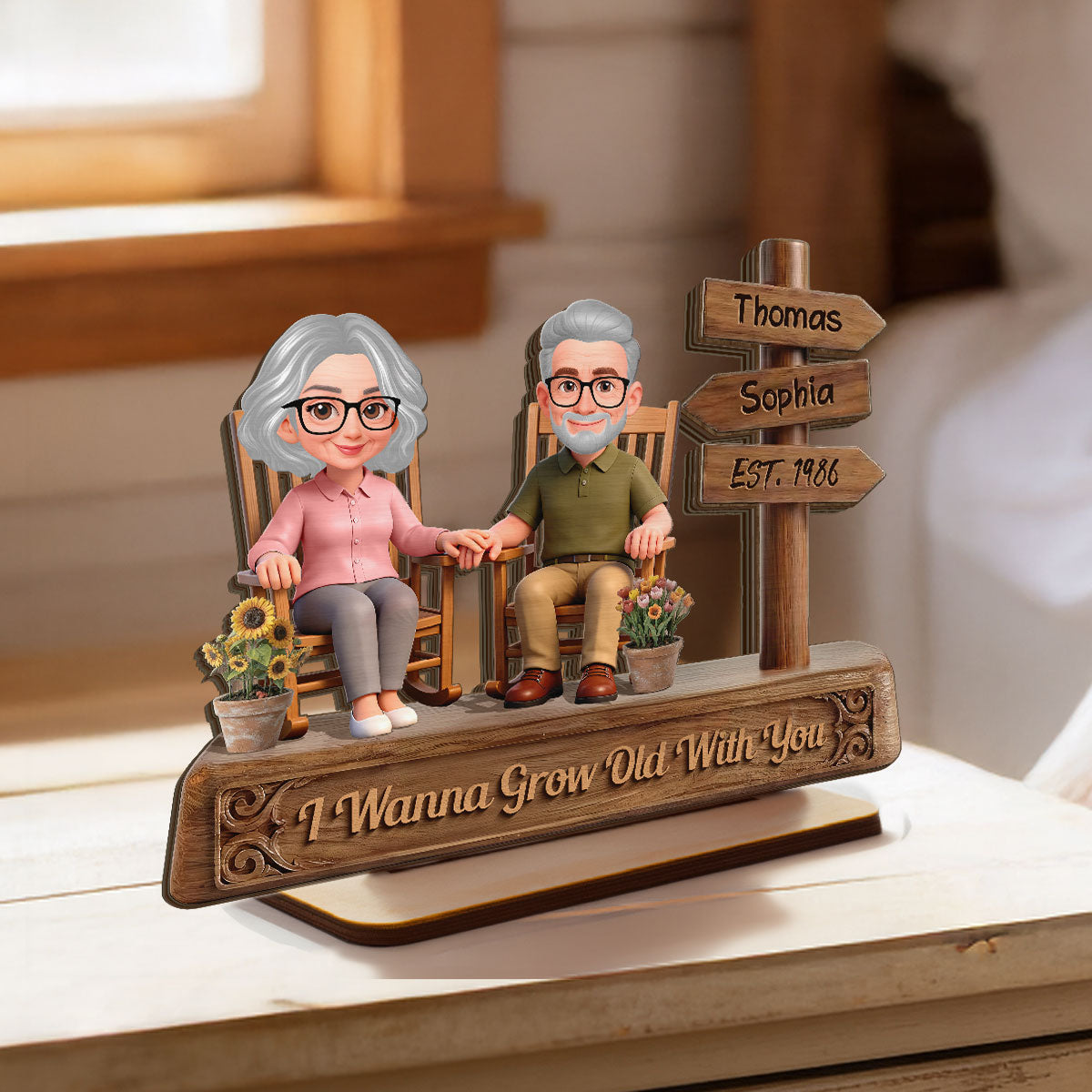 Old Couple Sitting On Rocking Chair By Sign Post 2D Flat - Personalized 2-Layered Wooden Plaque