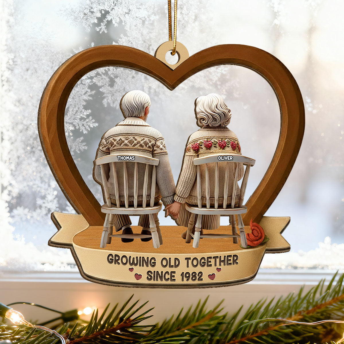 3D Back View Old Couple Growing Old Together - Personalized Wooden Ornament