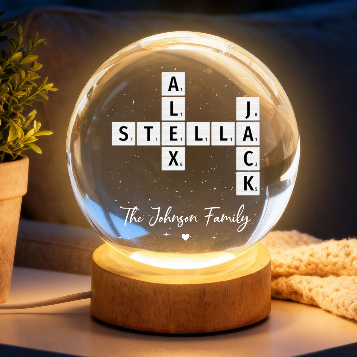 The Family Puzzle Crossword Art Home Decor - Personalized Crystal Ball LED Night Light