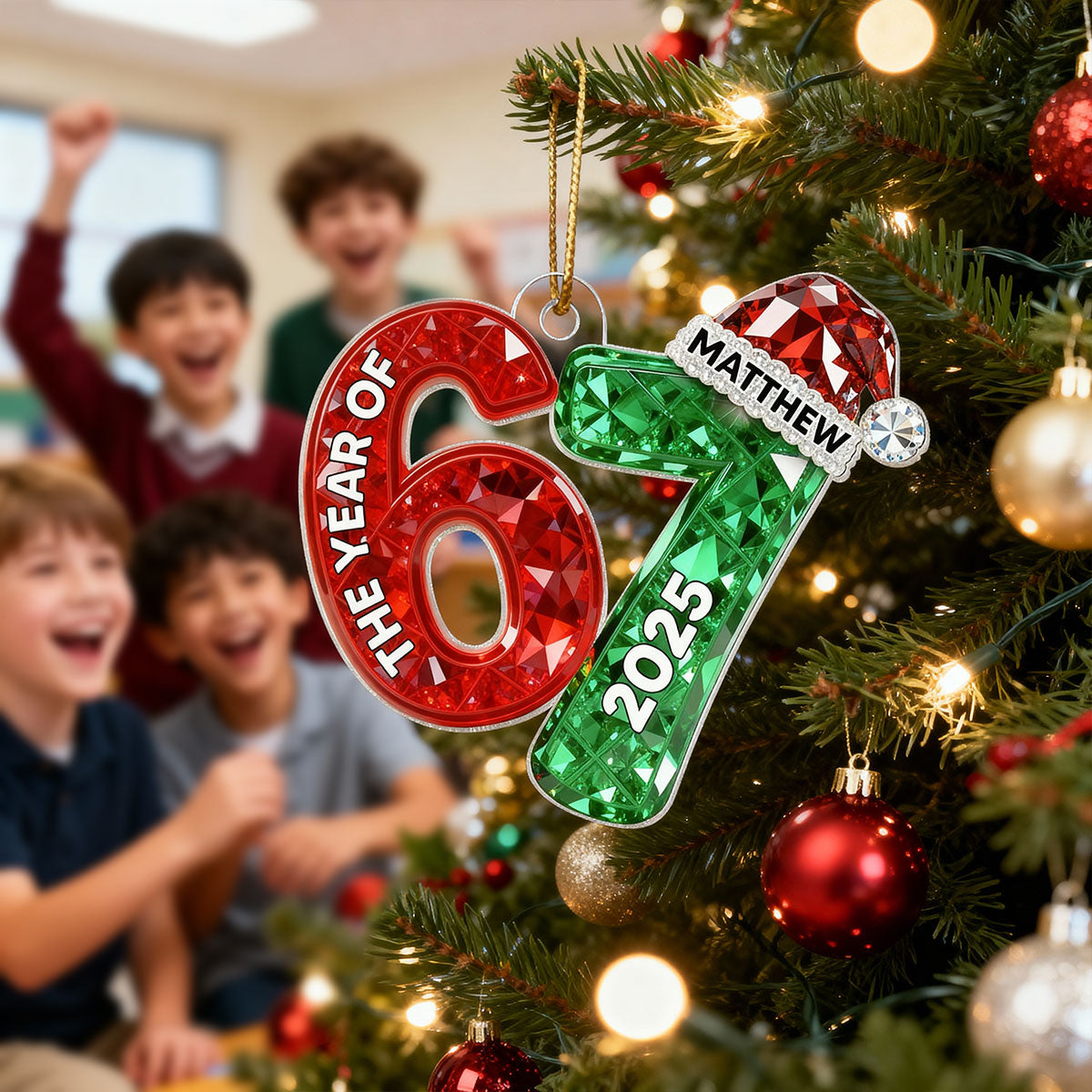 3D Effect Flat 67 Six Seven 2025 Slang Christmas - Personalized Acrylic Ornament - Funny Christmas Gift For Teen, Grandkid, Gen Alpha