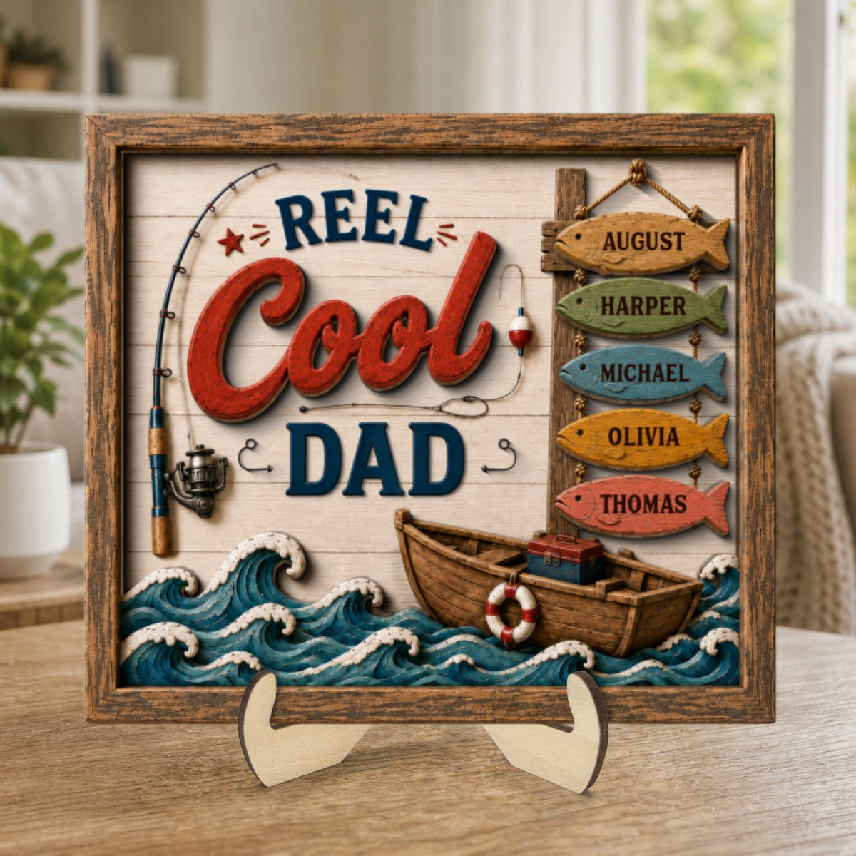 Reel Cool Dad Custom Kids Names Fishing - Personalized Wooden Plaque - Father’s Day Gift For Dad