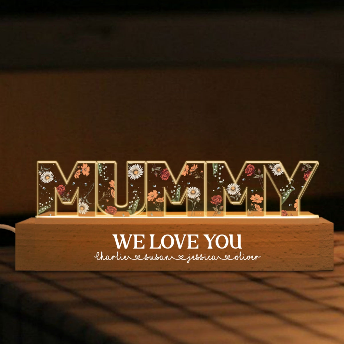 Custom Birth Month Flower Printed - Personalised Acrylic Block LED Night Light - Gift for Mum, Nanny, Wife