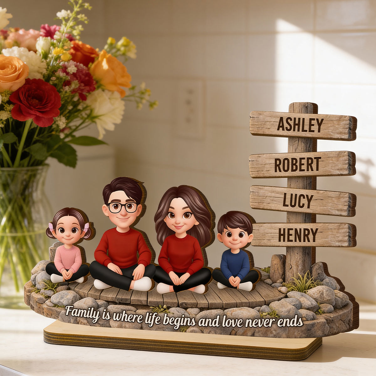 Family Is Where Love Never Ends Sign Post - Personalized 2-Layered Wooden Plaque - Heartfelt Gift For Mom, Dad