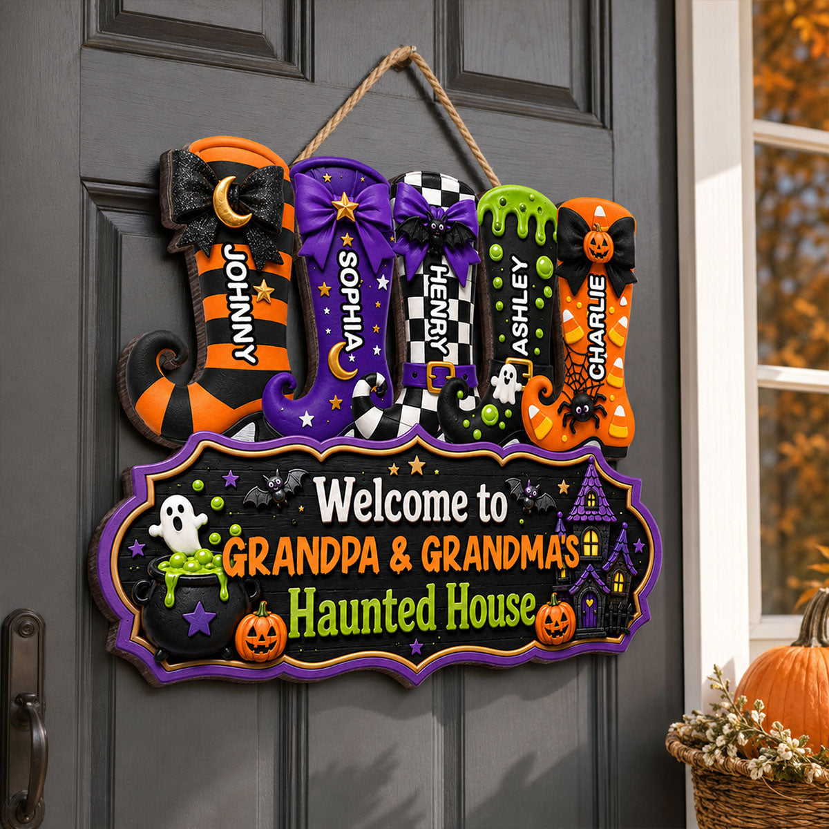Whimsical Halloween Welcome To Grandma Grandpa Haunted House Witch Boots - Personalized Wood Sign - Halloween Decoration For Grandparents