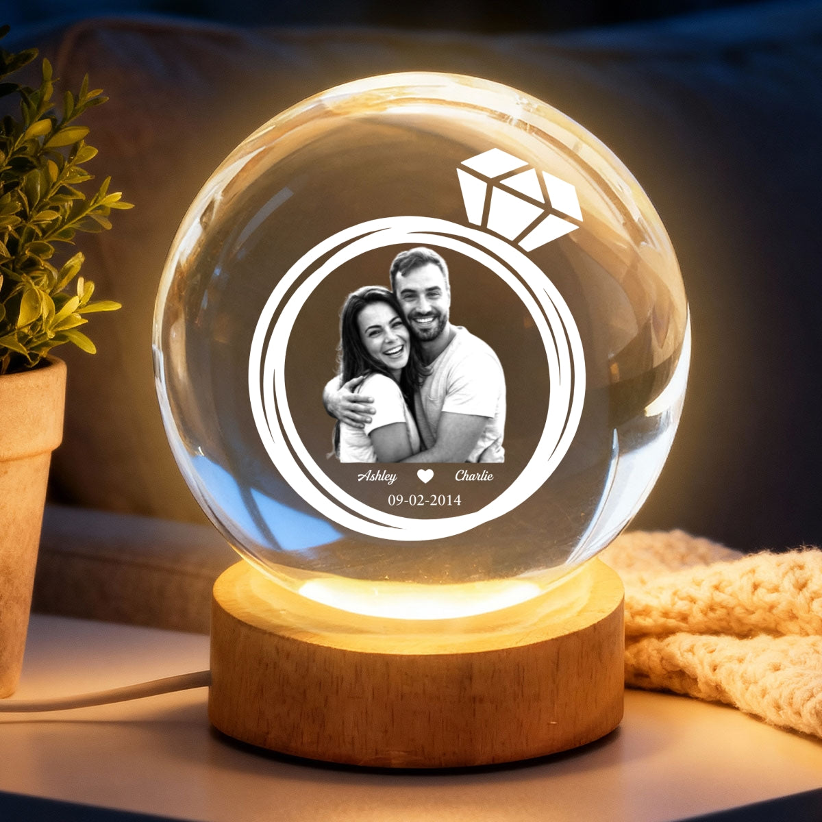 Eternal Love Custom Couple Photo Inside Ring - Personalized Crystal Ball LED Night Light - Valentine's Day Gift For Couple, For Her, For Him