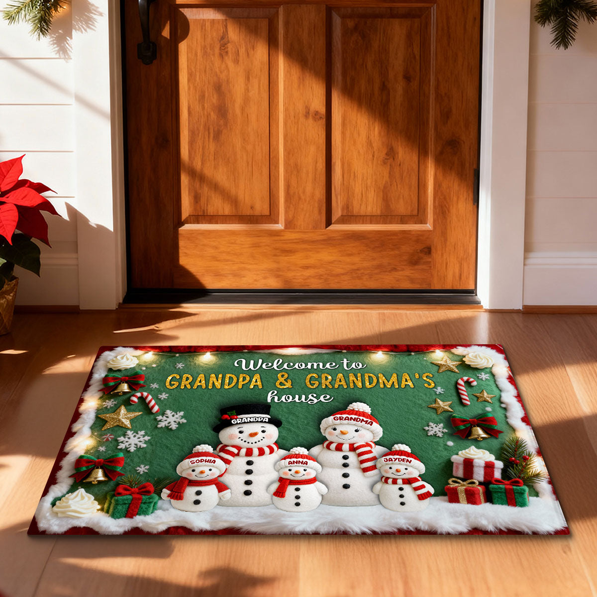3D Effect Festive Christmas Snowman Welcome To Grandma Grandpa House - Personalized Doormat - Gift For Grandparents