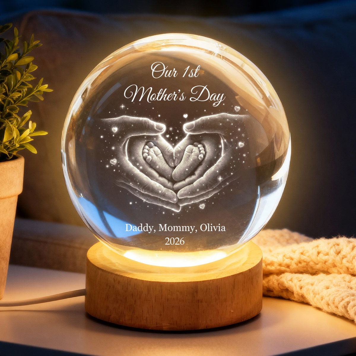 Our Family Heart Handprint - Personalized Crystal Ball LED Night Light - Sentimental Gift for Mom, Dad