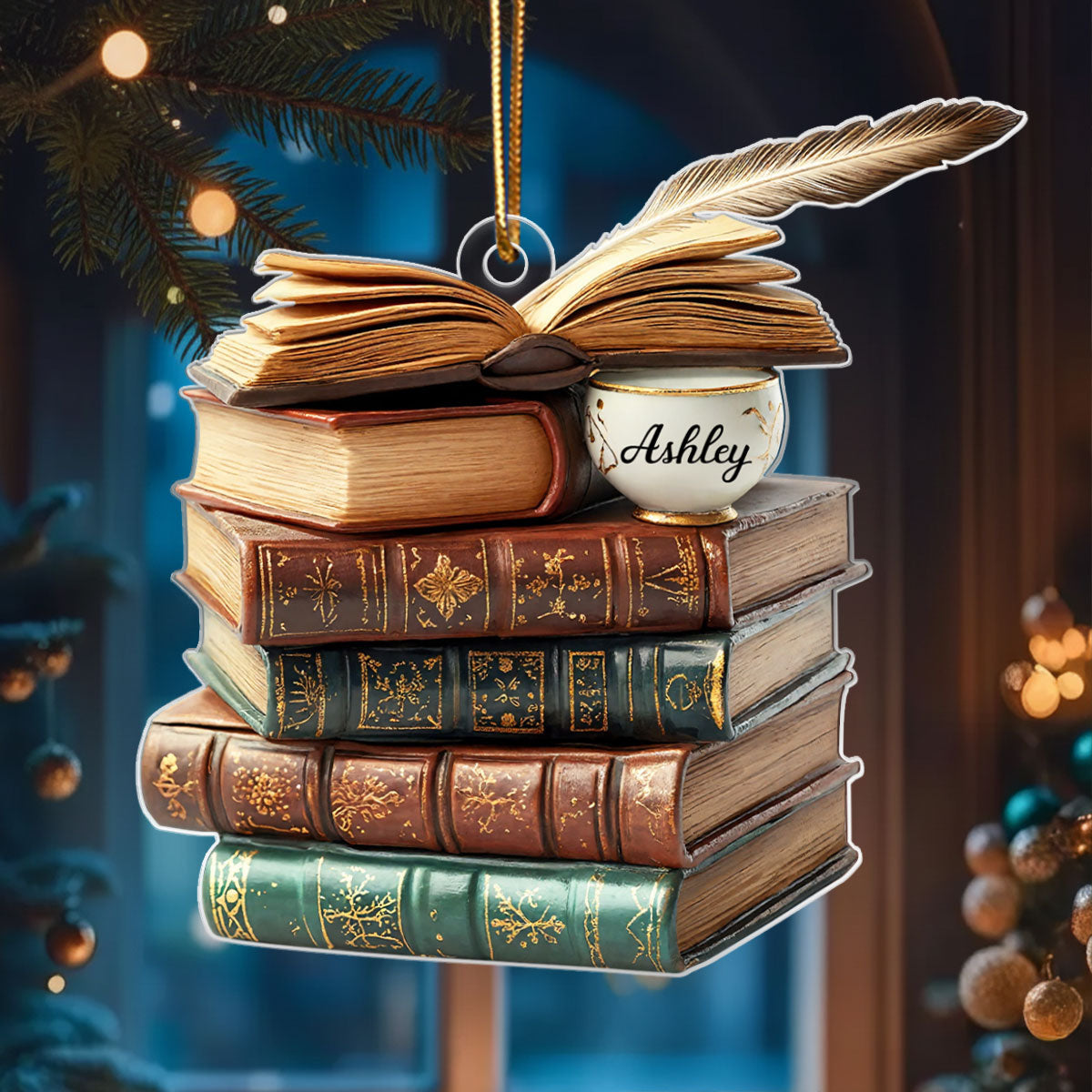 3D Effect Vintage Book Stack Light Bauble - Personalized Acrylic Ornament - Unique Christmas Gift For Book Lovers