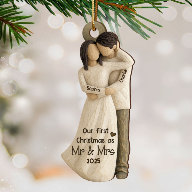 3D Effect First Christmas As Mr. & Mrs. - Personalized Wooden Ornament - Newlyweds Couple Gift