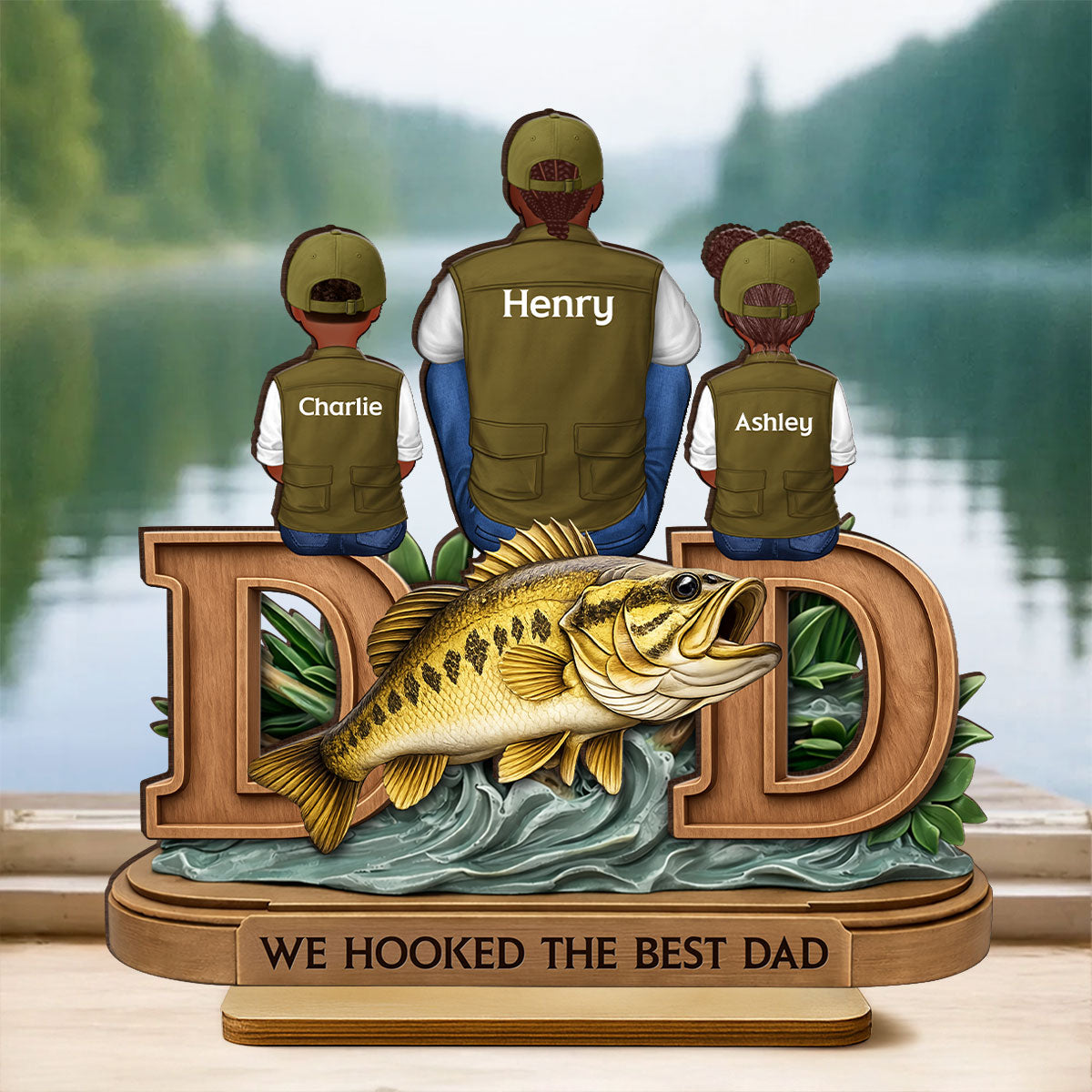 Fishing Dad And Kids Sitting Together - Personalized 2-Layered Wooden Plaque - Heartfelt Gift For Dad, Gift For Husband