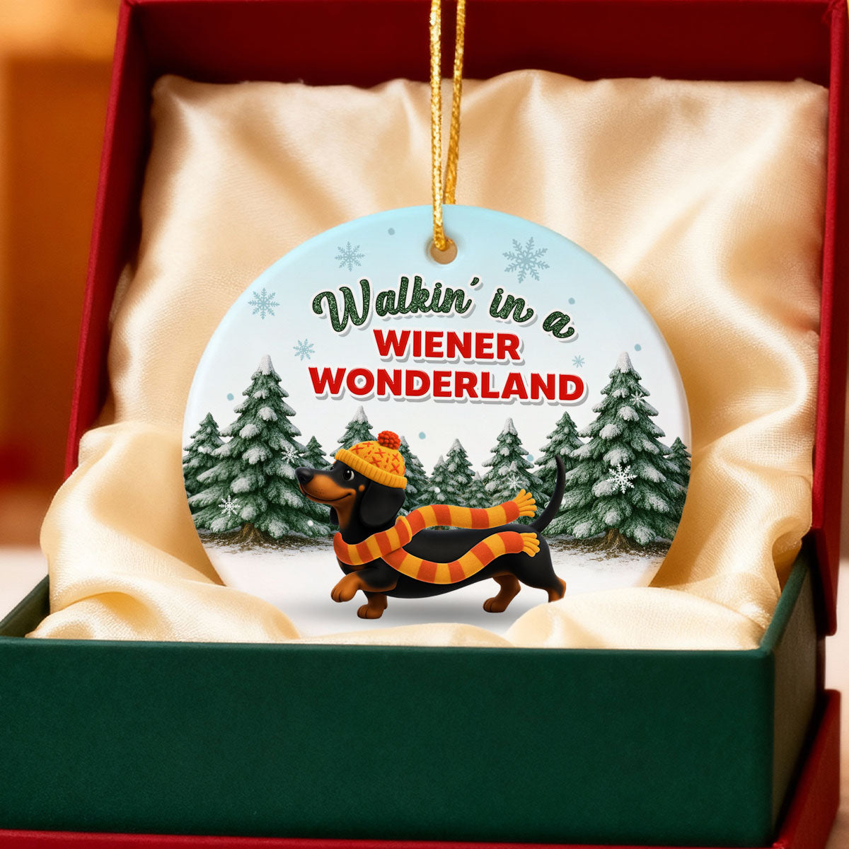 Christmas Dachshunds Walking In A Wiener Wonderland - Personalized Ceramic Ornament - Gift For Dachshund Lovers