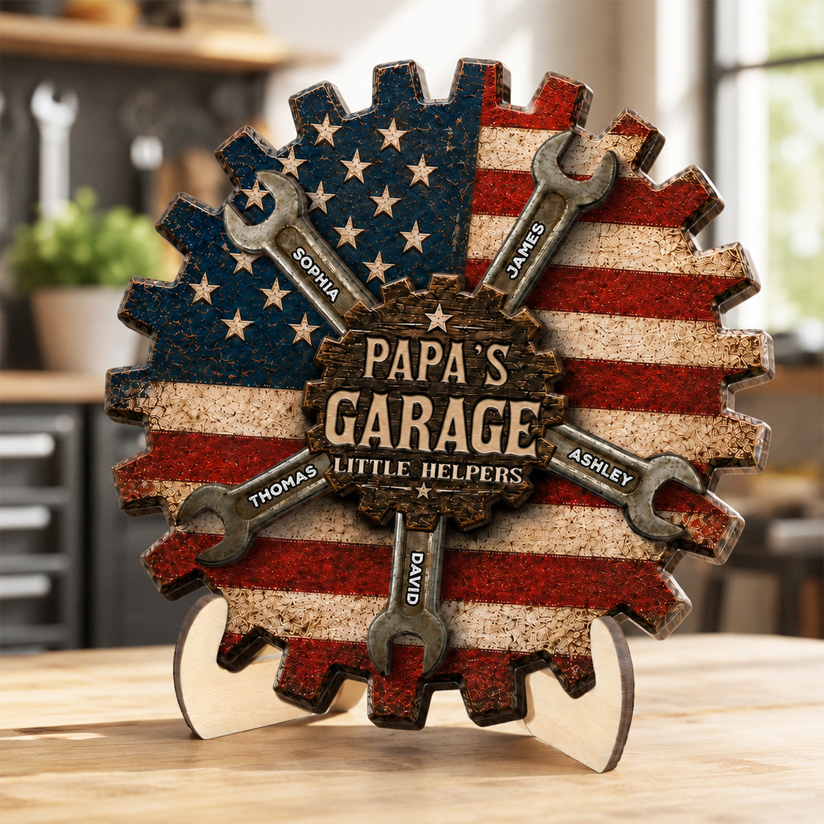 Rustic Workshop Little Helpers Nation Flag Theme 2D Flat - Personalized 2-Layered Wooden Plaque -  Gift For Patriotic Mechanic Dad, Grandpa