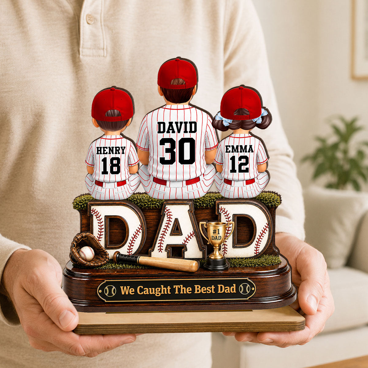 Baseball Dad and Children We Caught the Best Dad - Personalized 2-Layered Wooden Plaque -  Gift for Dad, Husband