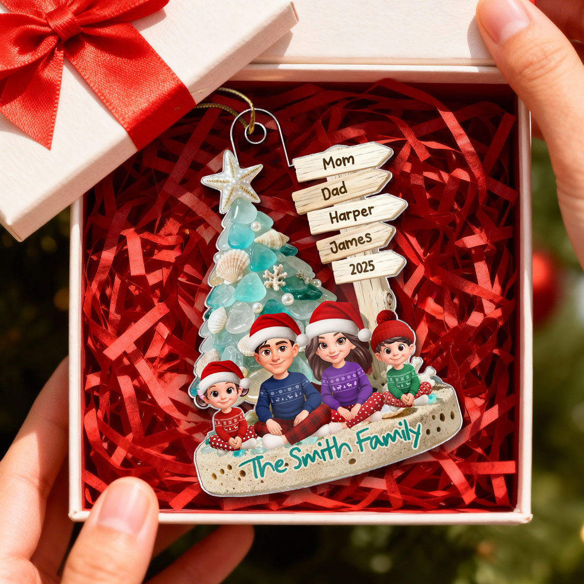 3D Sea Glass Effect Christmas Tree Sign Posts Family Together - Personalized Acrylic Ornament - Coastal Vibe Christmas Gift