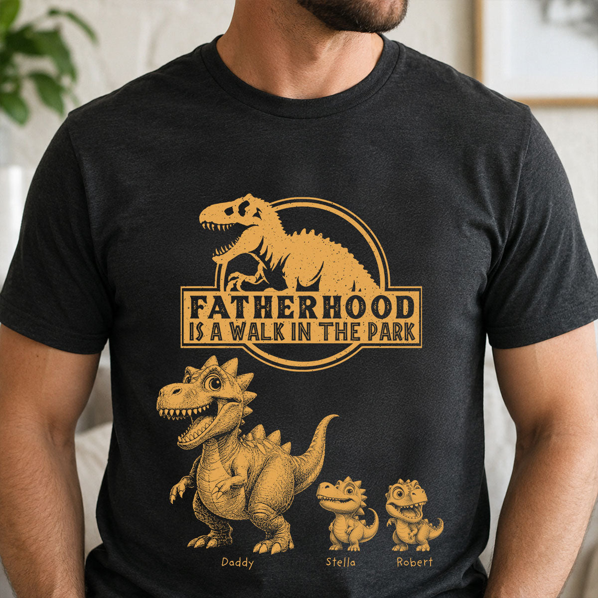 Retro Yellow Vintage Fatherhood Is A Walk In The Park Dinosaurs - Personalized Shirt - Funny Father's Day Gift For Dad, Husband