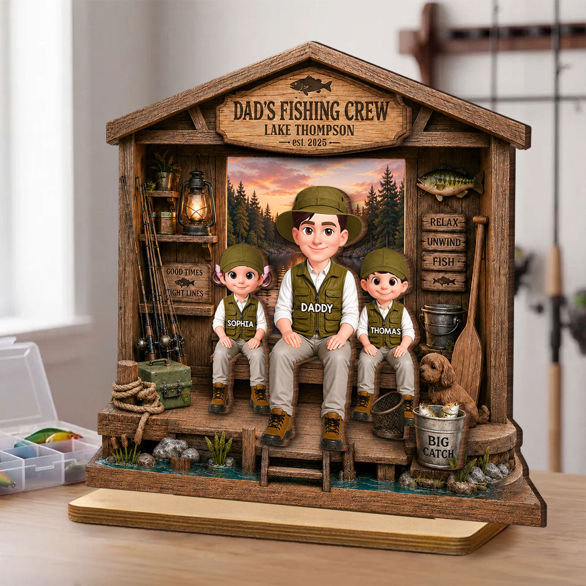 Daddy's Fishing Crew - Personalized 2-Layered Wooden Plaque -  Gift for Dad, Husband
