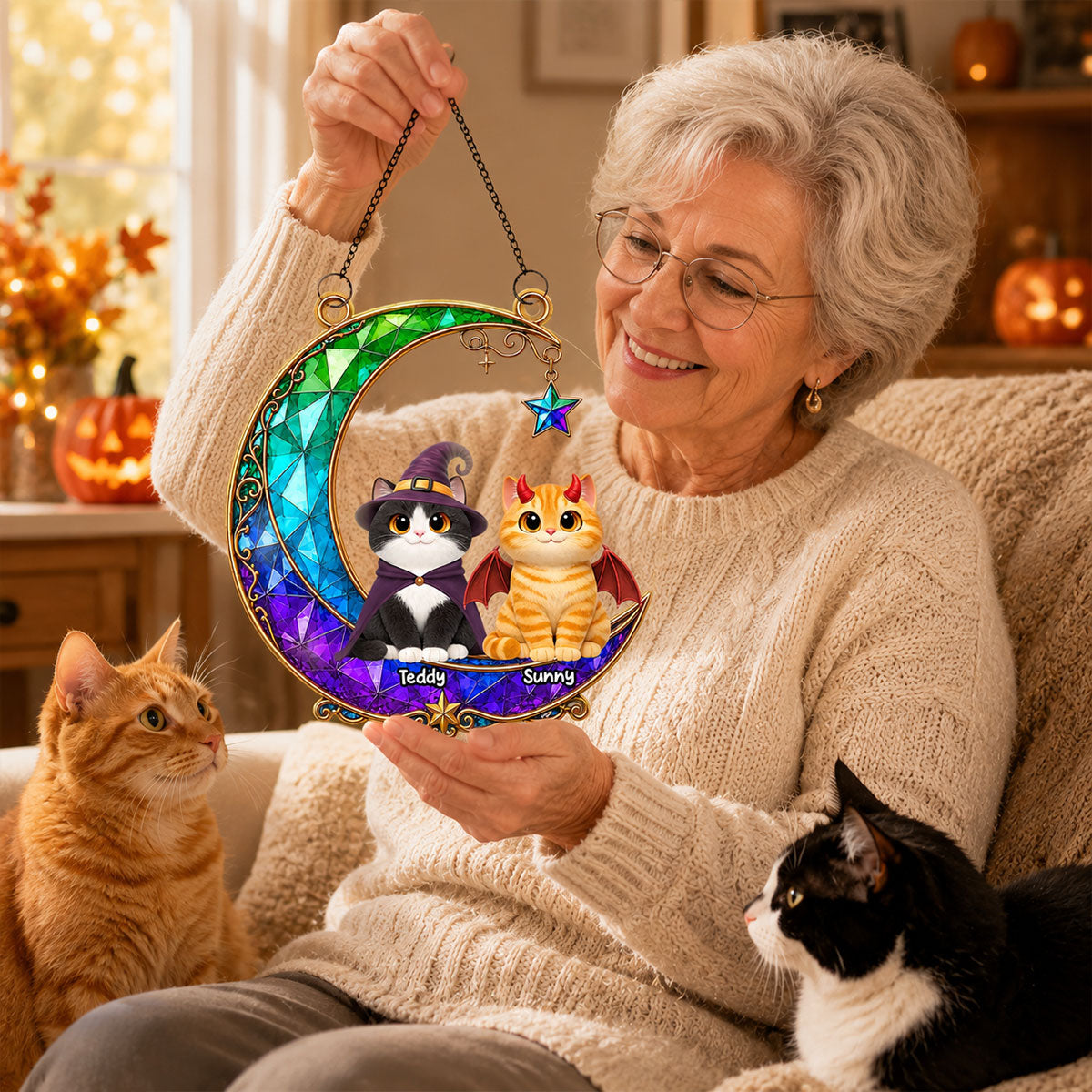 Magical Cat Moonlight - Personalized Acrylic Window Hanging - Halloween Decoration For Cat Mom
