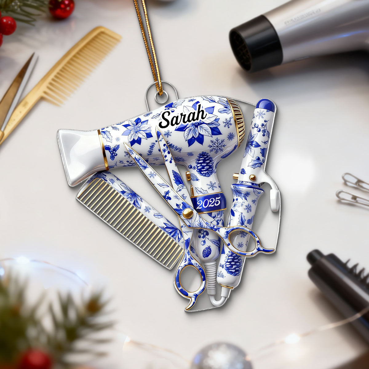 3D Effect Christmas Toile De Jouy Pattern Hairdresser Things - Personalized Acrylic Ornament - Gift For Hairdressers
