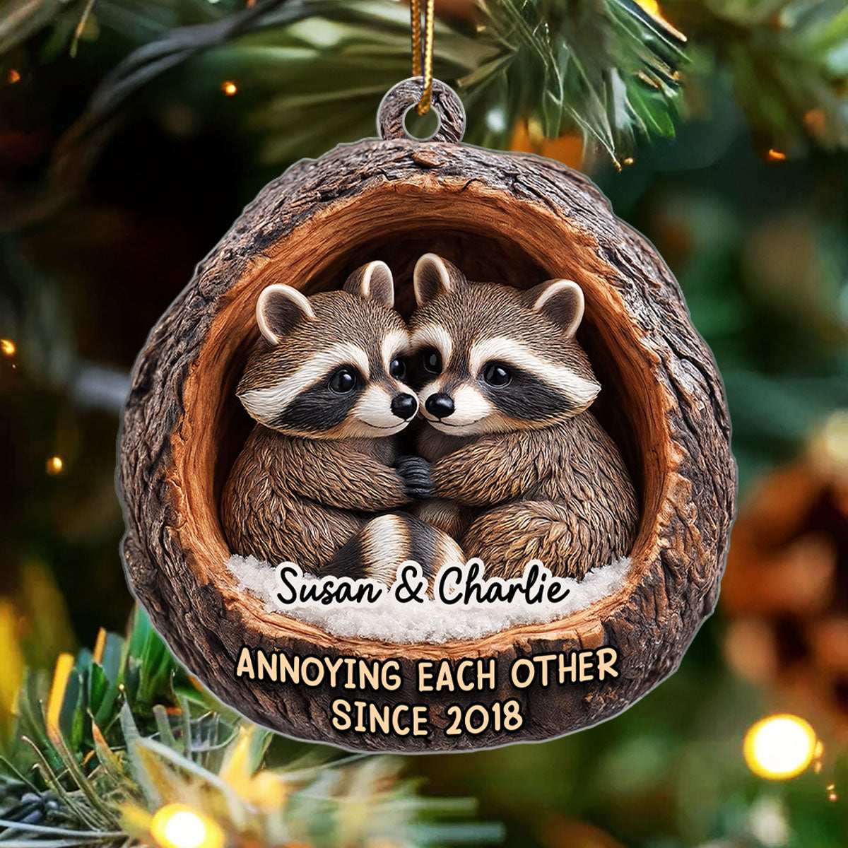Funny Raccoon Couple Annoying Each Other 3D Wooden Effect - Personalized Acrylic Ornament - Christmas Gift for her, Gift for him