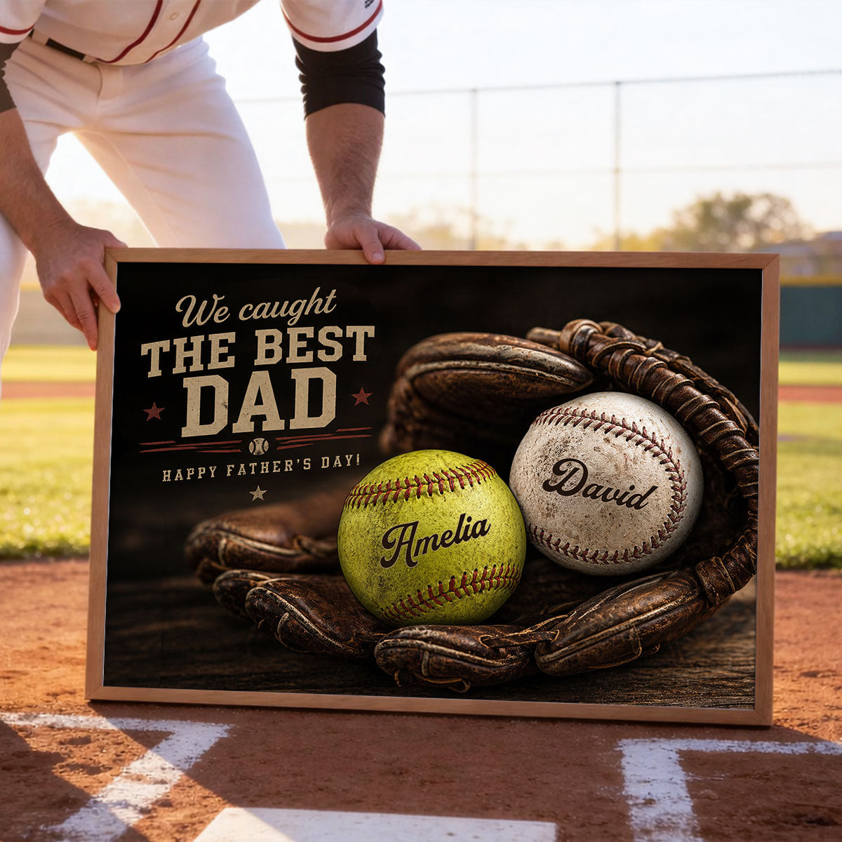 Vintage Baseball Gear We Caught the Best Dad - Personalized Poster - Father's Day Gift for Husband, Dad