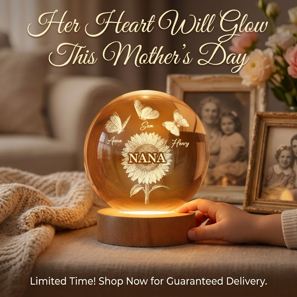 Sunflower Grandma Grandkids - Personalized Crystal Ball LED Night Light - Mother's Day Gift For Grandma