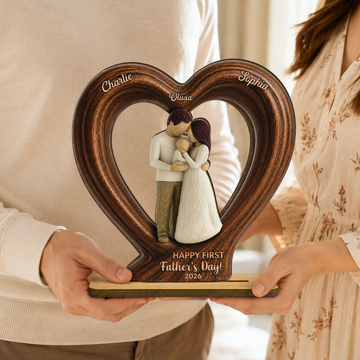Happy First  Dad From Mom And Baby 2D Flat Heart - Personalized 2-Layered Wooden Plaque - Heartfelt  Gift For Husband, New Dad
