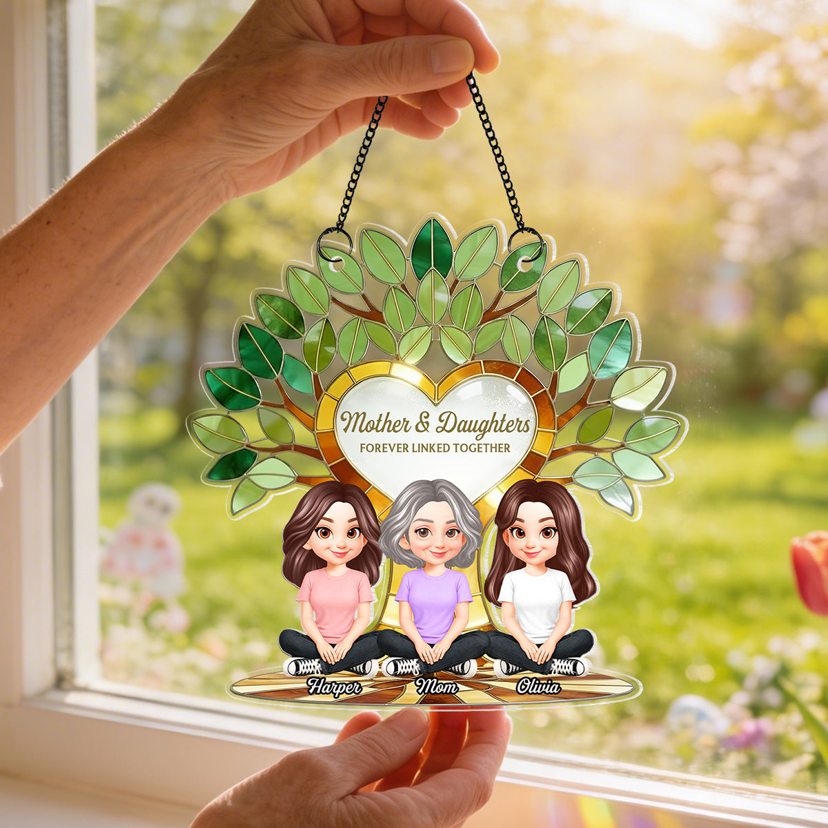 Mom And Son Daughter Under Green Family Tree Of Life - Personalized Suncatcher Ornament - Gift For Mom