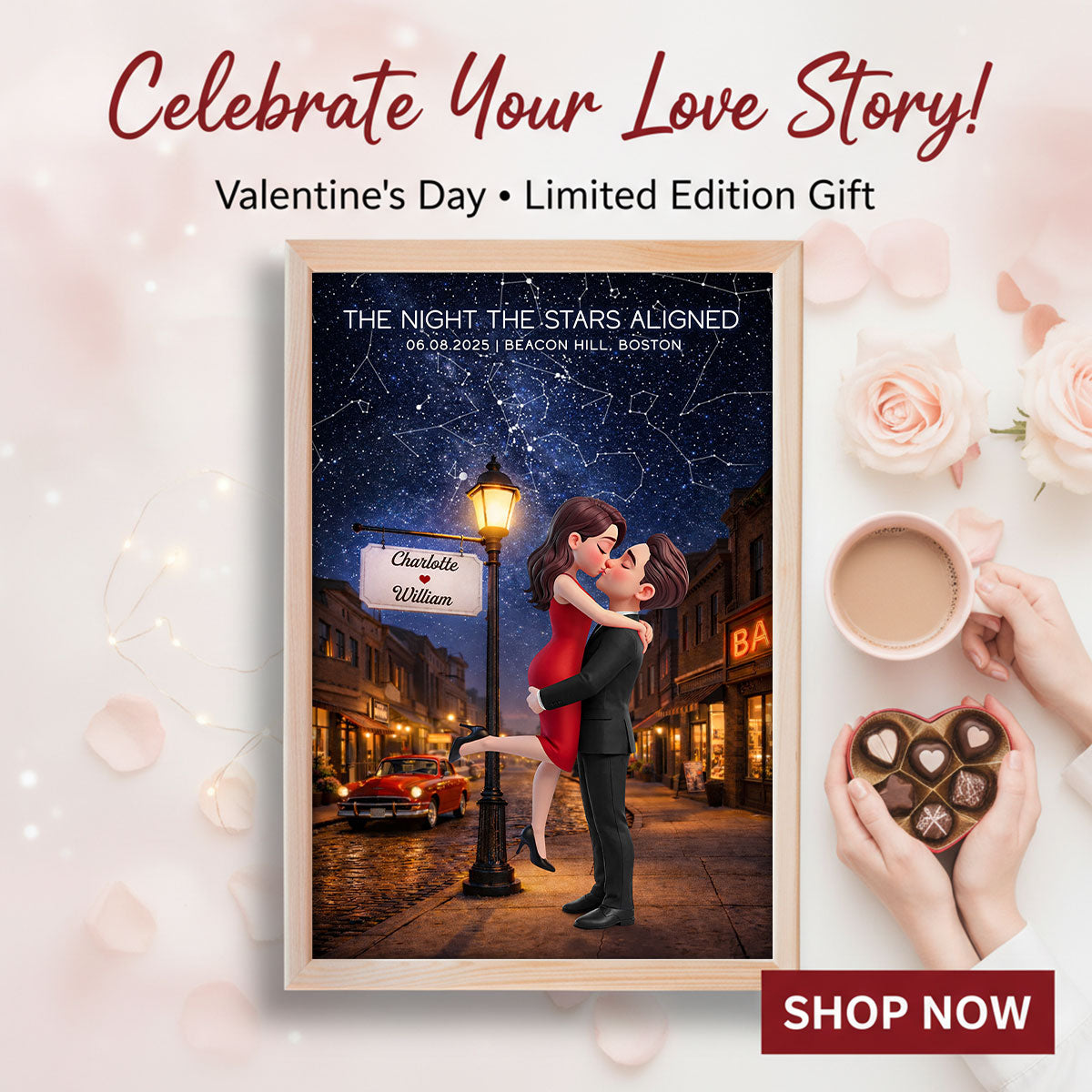 Eternal Love Couple Hugging Kissing Custom Star Map Anniversary Date - Personalized Poster - Valentine's Day Gift For Couple