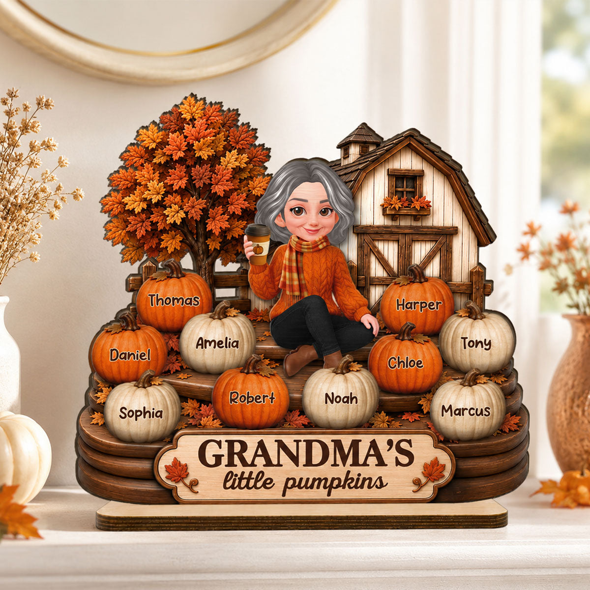 Fall Season Cozy Warm Farmhouse Style Grandma's Little Pumpkins - Personalized 2-Layered Wooden Plaque - Fall Decor For Grandma