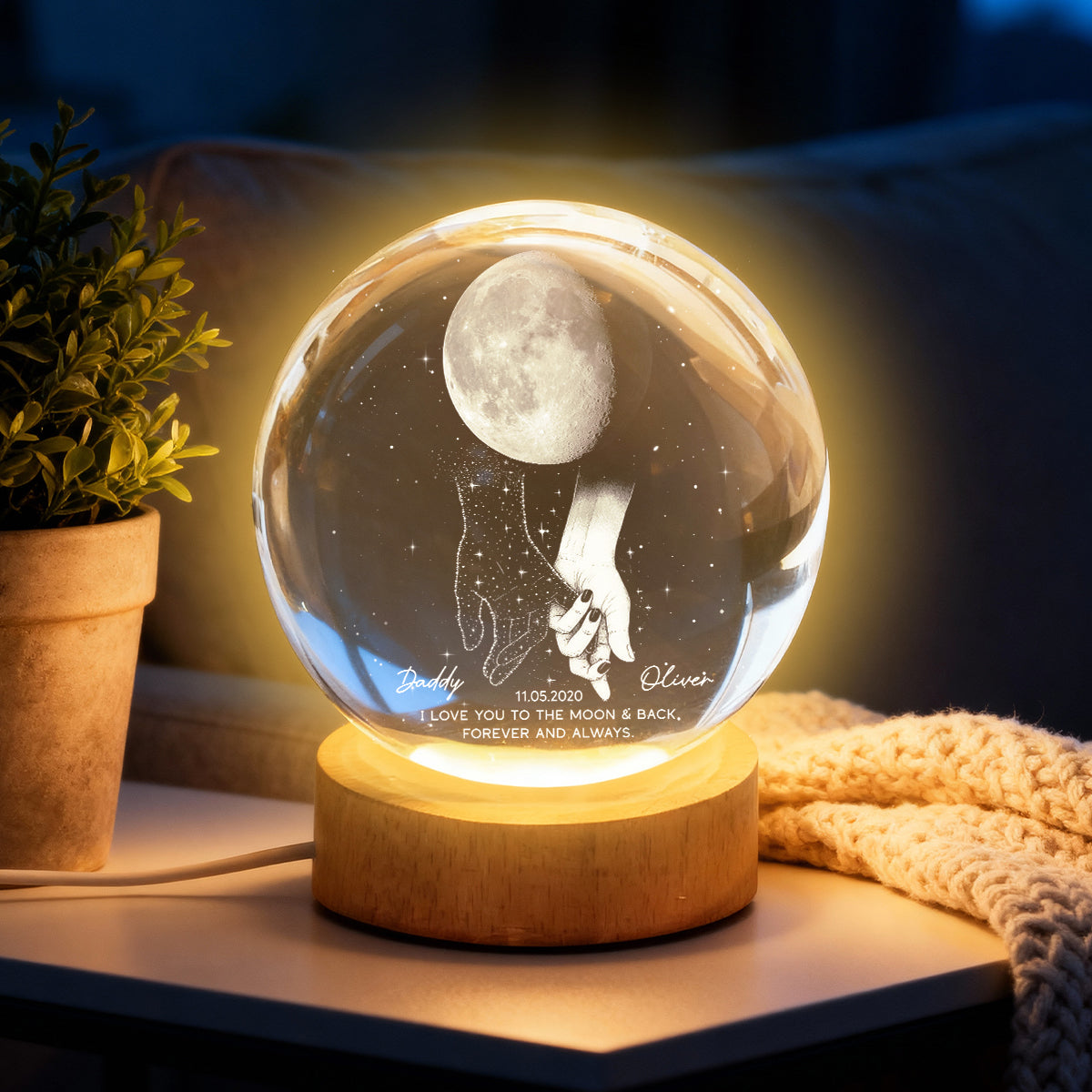 Lost Loved One Holding Hands Moon Phase Galaxy Art - Personalized Crystal Ball Night Light - Memorial Sympathy Gift
