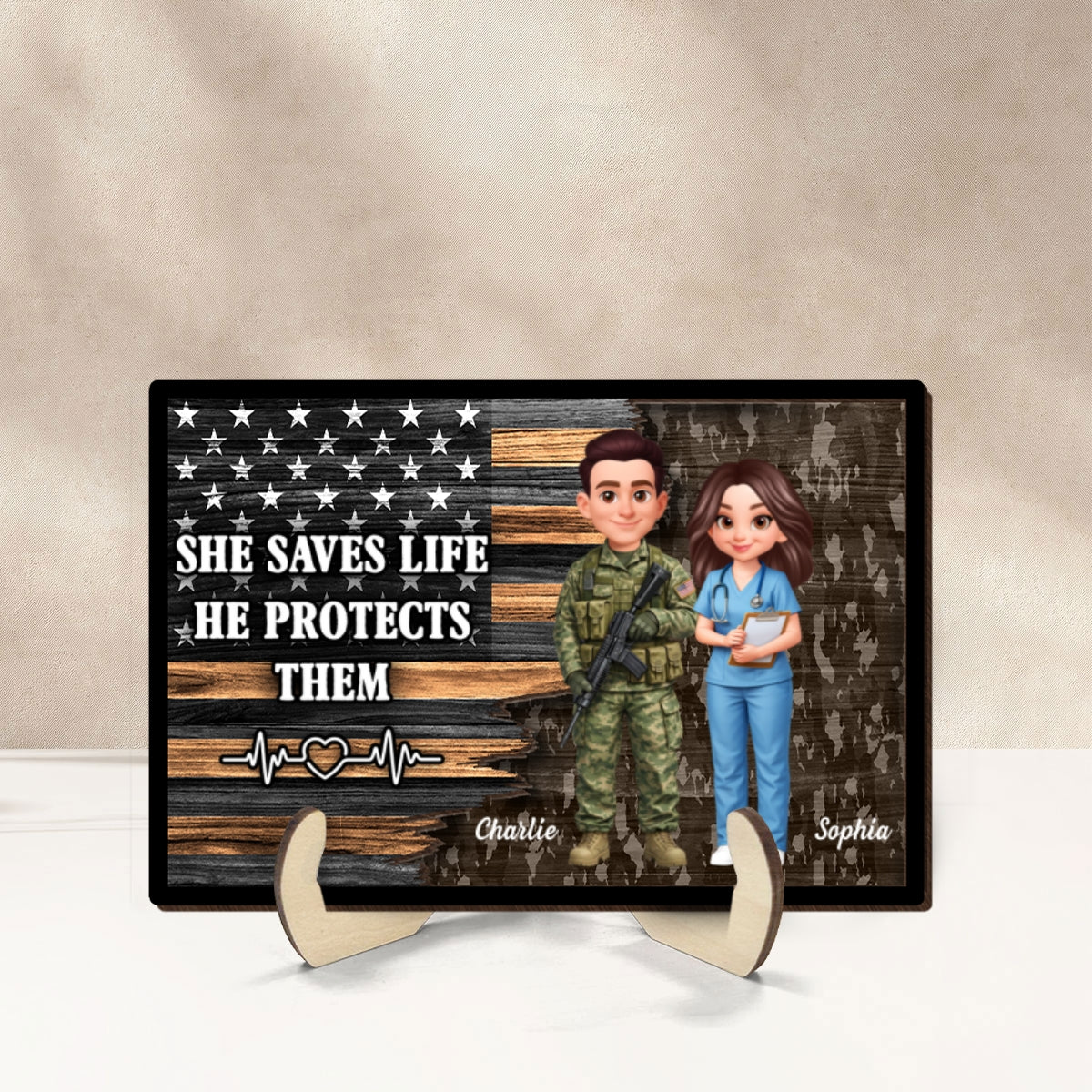 Custom Army Couple Nation Flag - Personalized 2-Layered Wooden Plaque - Heartfelt Gift for Him, for Her