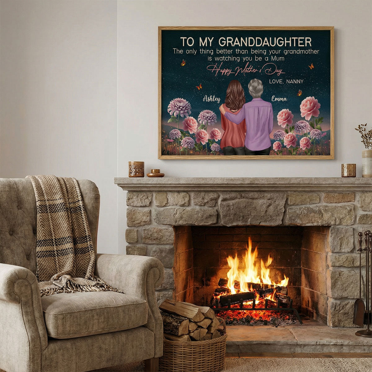 From Nanny To My Granddaughter Birth Month Flower Beautiful Hill At Night - Personalised Poster - Mother's Day Gift for Granddaughter