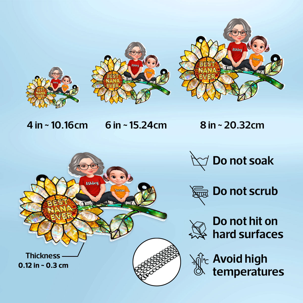 Sunflower Mom Grandma and Grandkids Sitting - Personalized Window Hanging Suncatcher - Mother's Day Gift for Mom, Wife