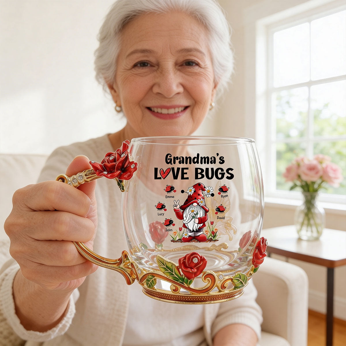 Grandma's Love Bugs - Personalized Enamel Flower Tea Cup - Gift For Grandma, Mom